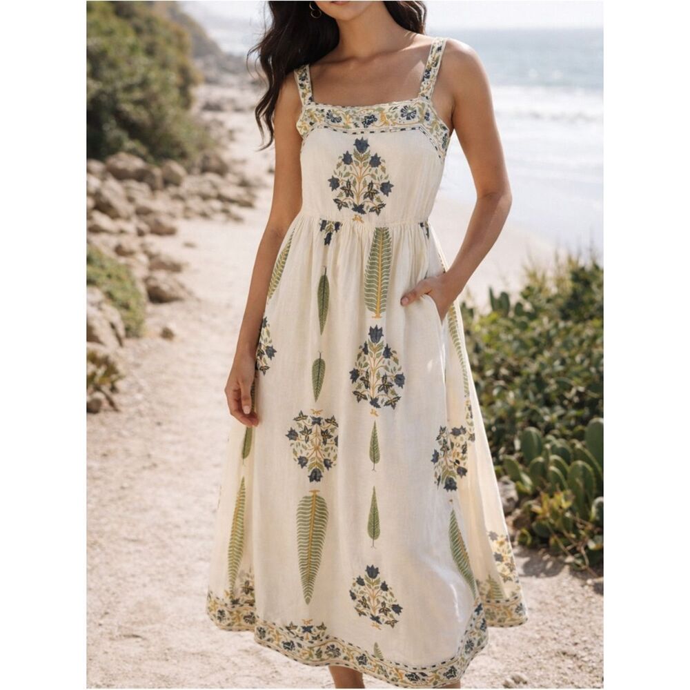 Nibi Mtk Navy Victorian Cream Floral Printed Maxi Sundress with Straps Size L